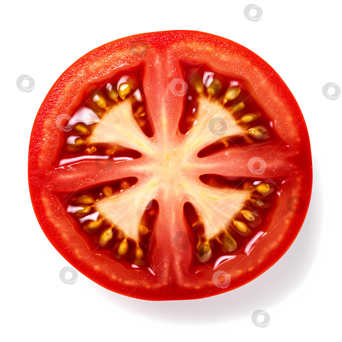 Скачать Срез спелого красного помидора с семенами в реалистичном стиле, показывает внутреннюю структуру и сочность, на белом фоне с пробелом для копирования] фотосток Ozero