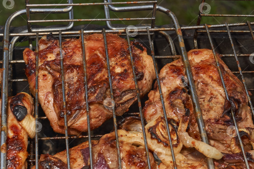 Скачать Кусочки курицы с золотистой корочкой обжариваются на гриле над углями. фотосток Ozero