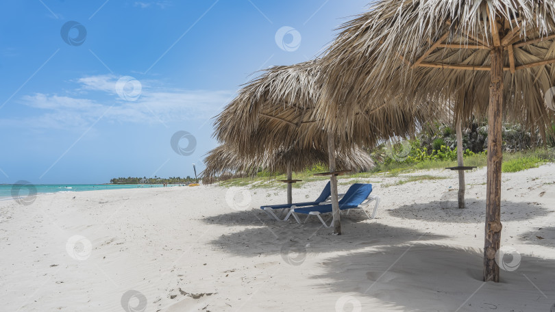 Скачать Два шезлонга на песчаном пляже в тени соломенных зонтиков фотосток Ozero