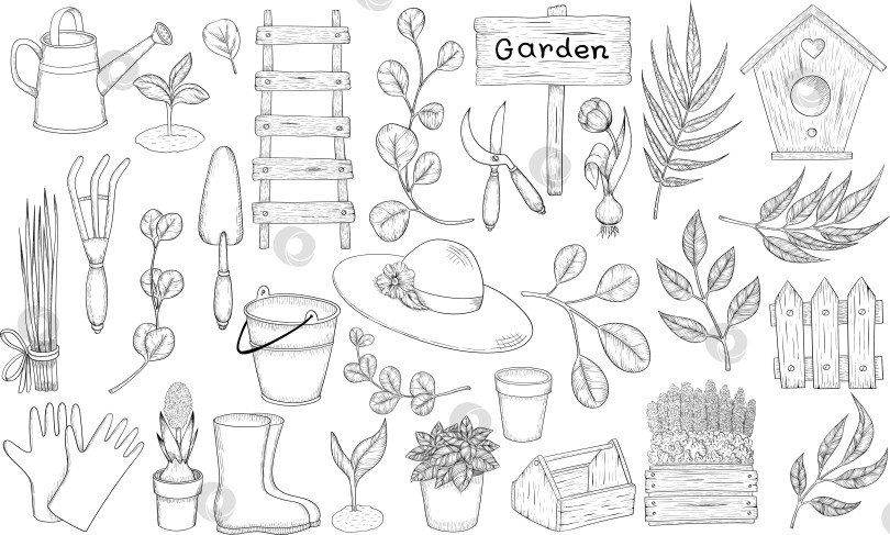 Скачать Черно-белые чернила в векторном стиле иллюстрируют садовые инструменты и принадлежности. Гравюра с весенним настроением для упаковки, открыток и декоративных целей фотосток Ozero