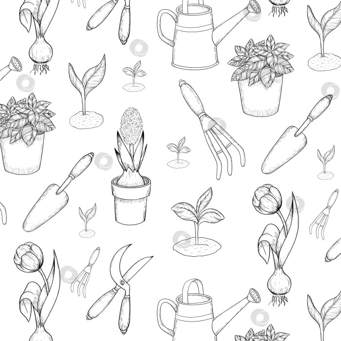 Скачать Черно-белые чернила в векторном стиле иллюстрируют садовые инструменты и принадлежности. Гравюра с весенним настроением для упаковки, открыток и декоративных целей фотосток Ozero
