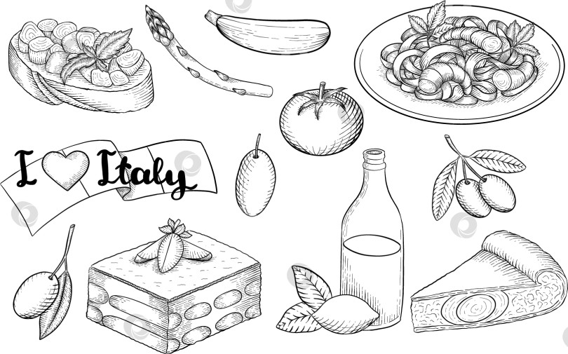 Скачать Иллюстрации различных блюд итальянской кухни в стиле черно-белой гравюры. Идеально подходит для оформления меню, упаковки или печати фотосток Ozero