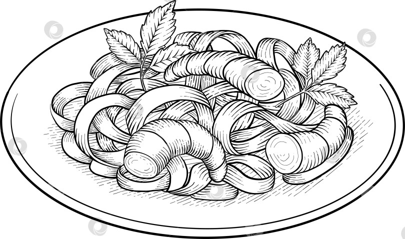 Скачать Иллюстрации различных блюд итальянской кухни в стиле черно-белой гравюры. Идеально подходит для оформления меню, упаковки или печати фотосток Ozero
