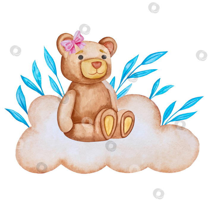 Скачать Набор акварельных иллюстраций для детского праздника с плюшевым мишкой и воздушными шариками для поздравительных открыток на детские праздники, приглашений на детские дни рождения, веб-сайта и упаковки. фотосток Ozero