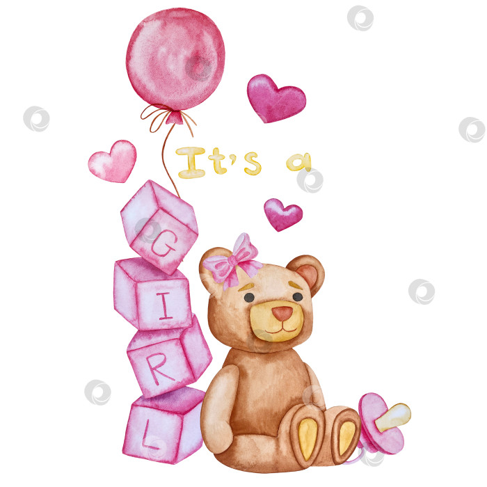 Скачать Набор акварельных иллюстраций для детского праздника с плюшевым мишкой и воздушными шариками для поздравительных открыток на детские праздники, приглашений на детские дни рождения, веб-сайта и упаковки. фотосток Ozero