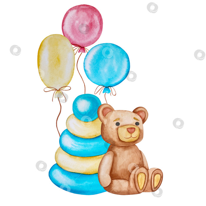 Скачать Набор акварельных иллюстраций для детского праздника с плюшевым мишкой и воздушными шариками для поздравительных открыток на детские праздники, приглашений на детские дни рождения, веб-сайта и упаковки. фотосток Ozero