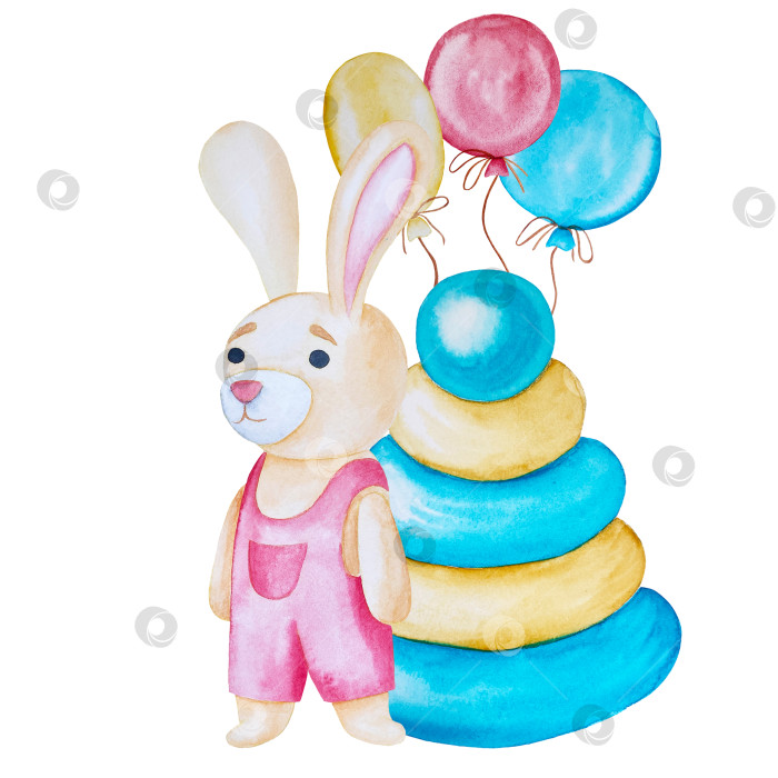 Скачать Набор акварельных иллюстраций для детского праздника с плюшевым мишкой и воздушными шариками для поздравительных открыток на детские праздники, приглашений на детские дни рождения, веб-сайта и упаковки. фотосток Ozero