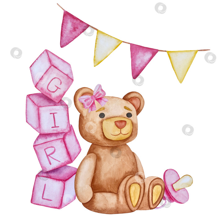Скачать Набор акварельных иллюстраций для детского праздника с плюшевым мишкой и воздушными шариками для поздравительных открыток на детские праздники, приглашений на детские дни рождения, веб-сайта и упаковки. фотосток Ozero