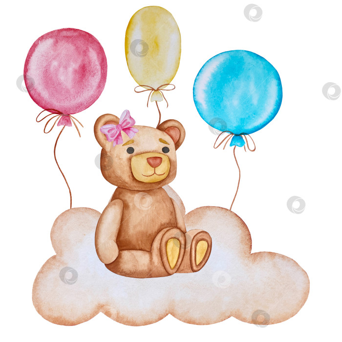 Скачать Набор акварельных иллюстраций для детского праздника с плюшевым мишкой и воздушными шариками для поздравительных открыток на детские праздники, приглашений на детские дни рождения, веб-сайта и упаковки. фотосток Ozero