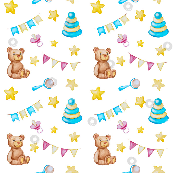 Скачать Набор акварельных иллюстраций для детского праздника с плюшевым мишкой и воздушными шариками для поздравительных открыток на детские праздники, приглашений на детские дни рождения, веб-сайта и упаковки. фотосток Ozero