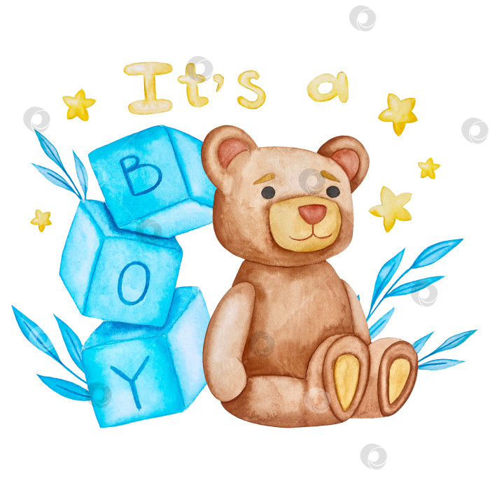 Скачать Набор акварельных иллюстраций для детского праздника с плюшевым мишкой и воздушными шариками для поздравительных открыток на детские праздники, приглашений на детские дни рождения, веб-сайта и упаковки. фотосток Ozero