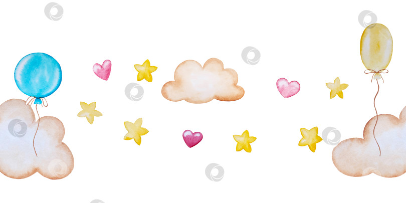 Скачать Набор акварельных иллюстраций для детского праздника с плюшевым мишкой и воздушными шариками для поздравительных открыток на детские праздники, приглашений на детские дни рождения, веб-сайта и упаковки. фотосток Ozero