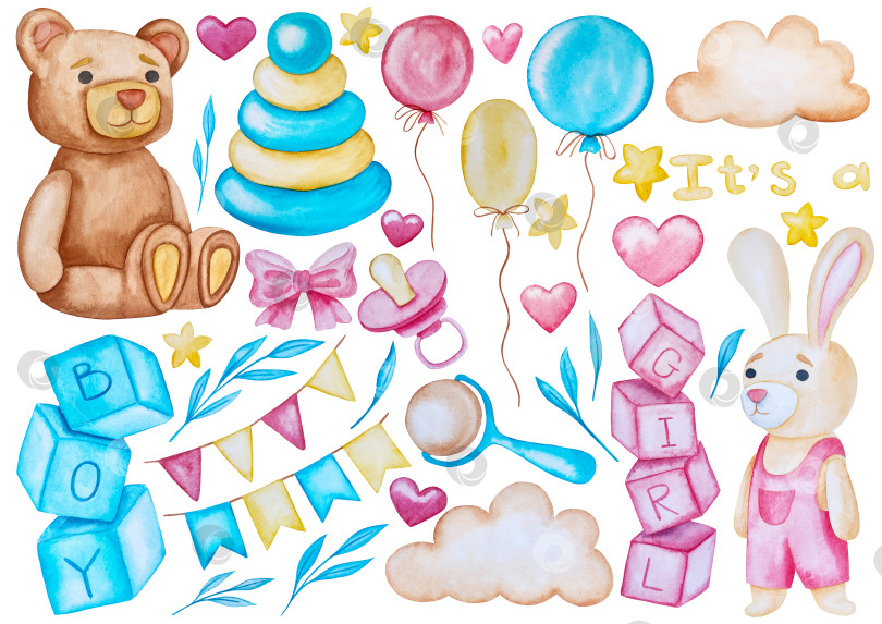 Скачать Набор акварельных иллюстраций для детского праздника с плюшевым мишкой и воздушными шариками для поздравительных открыток на детские праздники, приглашений на детские дни рождения, веб-сайта и упаковки. фотосток Ozero