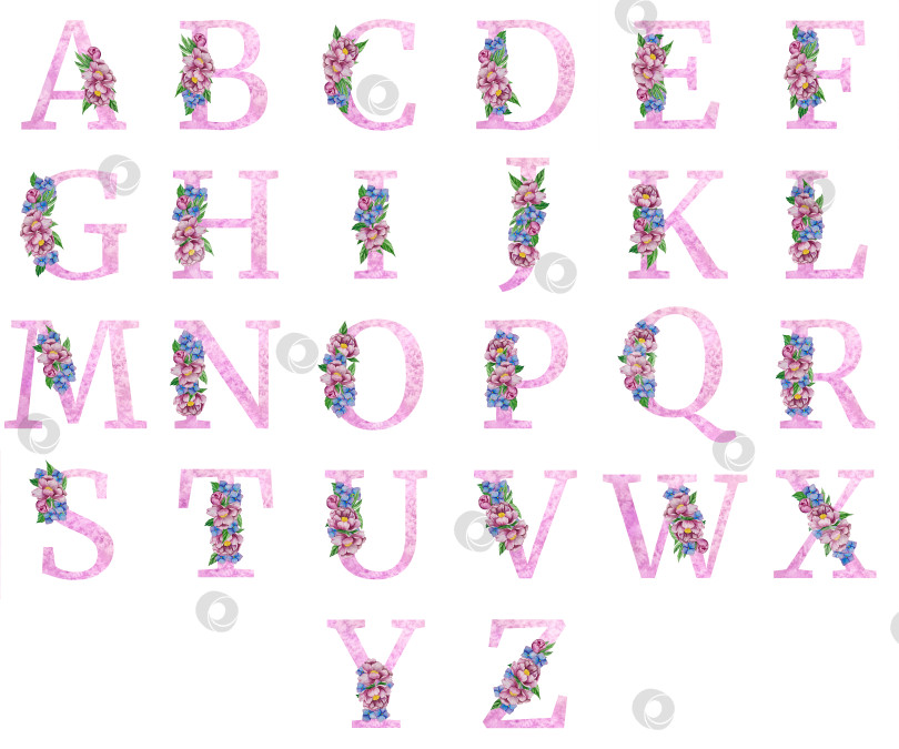 Скачать Цветочный алфавит, набор букв с акварельными цветами и листьями. Монограммы-инициалы идеально подходят для свадебных приглашений, поздравительных открыток, логотипов, плакатов и другого дизайна. Ручная роспись. фотосток Ozero
