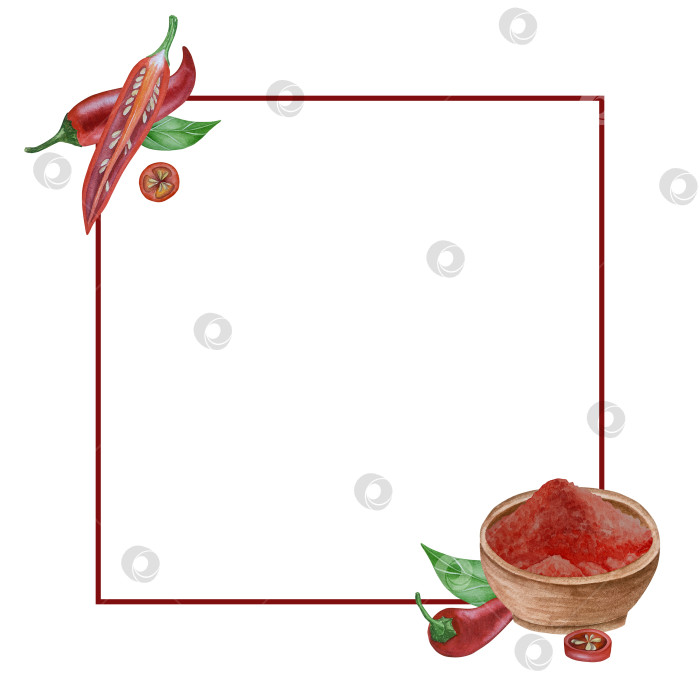 Скачать Целые и нарезанные стручки красного перца чили на белом фоне. Ботаническая акварельная иллюстрация пряных овощей с зелеными листьями, выполненная от руки. Для дизайна упаковки, ресторанного меню, кухни фотосток Ozero