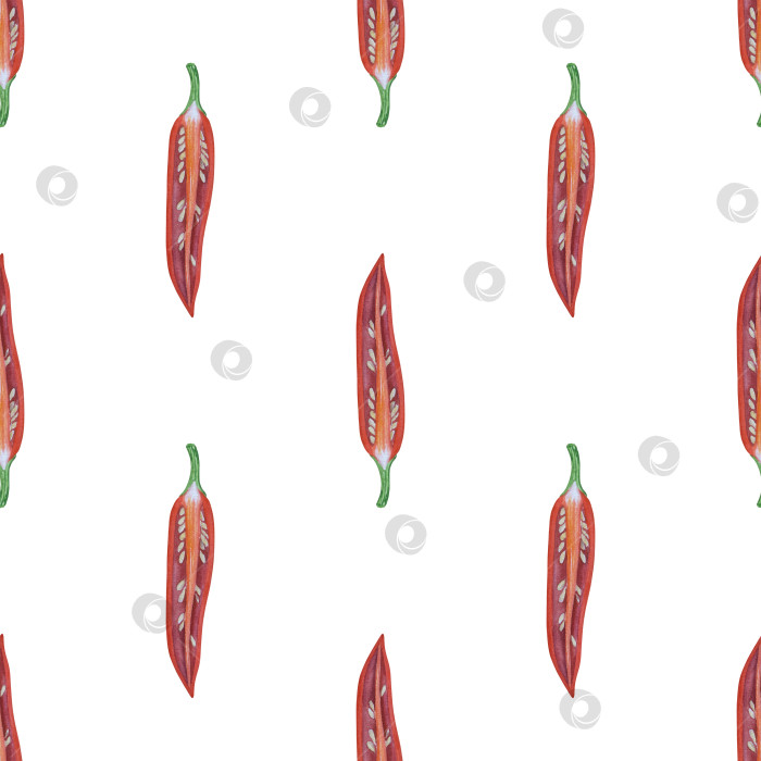 Скачать Целые и нарезанные стручки красного перца чили на белом фоне. Ботаническая акварельная иллюстрация пряных овощей с зелеными листьями, выполненная от руки. Для дизайна упаковки, ресторанного меню, кухни фотосток Ozero