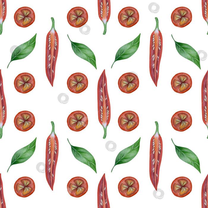 Скачать Целые и нарезанные стручки красного перца чили на белом фоне. Ботаническая акварельная иллюстрация пряных овощей с зелеными листьями, выполненная от руки. Для дизайна упаковки, ресторанного меню, кухни фотосток Ozero