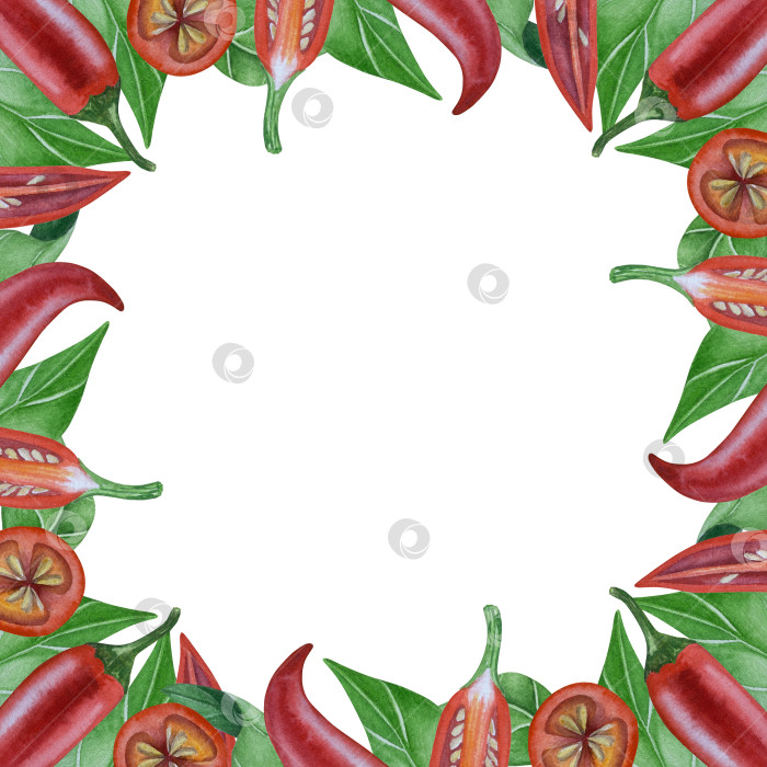 Скачать Целые и нарезанные стручки красного перца чили на белом фоне. Ботаническая акварельная иллюстрация пряных овощей с зелеными листьями, выполненная от руки. Для дизайна упаковки, ресторанного меню, кухни фотосток Ozero