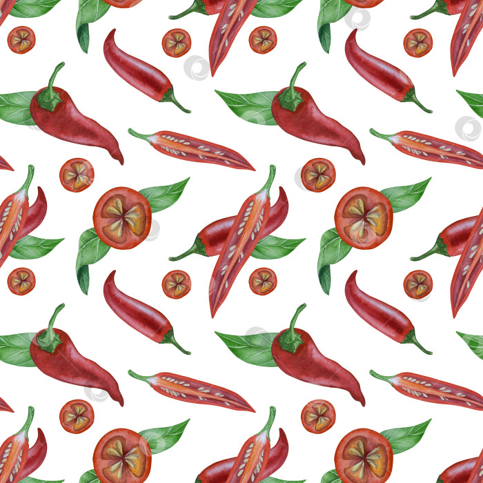Скачать Целые и нарезанные стручки красного перца чили на белом фоне. Ботаническая акварельная иллюстрация пряных овощей с зелеными листьями, выполненная от руки. Для дизайна упаковки, ресторанного меню, кухни фотосток Ozero