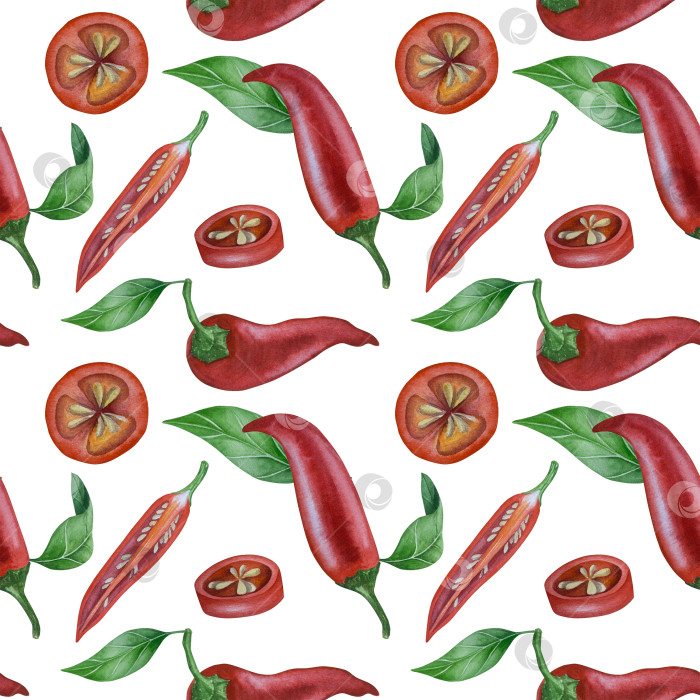 Скачать Целые и нарезанные стручки красного перца чили на белом фоне. Ботаническая акварельная иллюстрация пряных овощей с зелеными листьями, выполненная от руки. Для дизайна упаковки, ресторанного меню, кухни фотосток Ozero