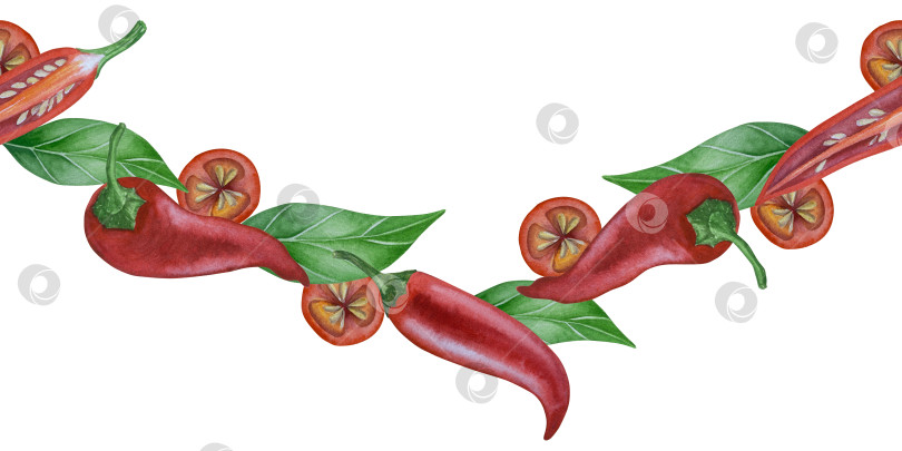 Скачать Целые и нарезанные стручки красного перца чили на белом фоне. Ботаническая акварельная иллюстрация пряных овощей с зелеными листьями, выполненная от руки. Для дизайна упаковки, ресторанного меню, кухни фотосток Ozero