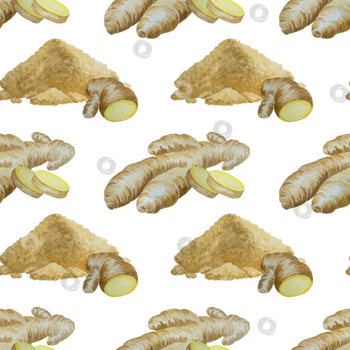 Скачать Акварельная иллюстрация пряного имбиря, половинки, листья и ломтики. Рисованная иллюстрация на белом фоне. Корень имбиря для оформления блюд. Травы и специи для кухни фотосток Ozero