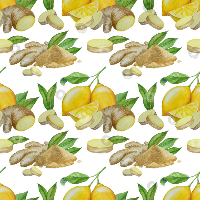 Скачать Акварельная иллюстрация пряного имбиря, половинки, листья и ломтики. Рисованная иллюстрация на белом фоне. Корень имбиря для оформления блюд. Травы и специи для кухни фотосток Ozero