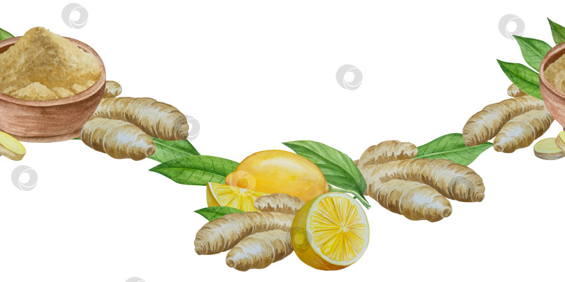 Скачать Акварельная иллюстрация пряного имбиря, половинки, листья и ломтики. Рисованная иллюстрация на белом фоне. Корень имбиря для оформления блюд. Травы и специи для кухни фотосток Ozero