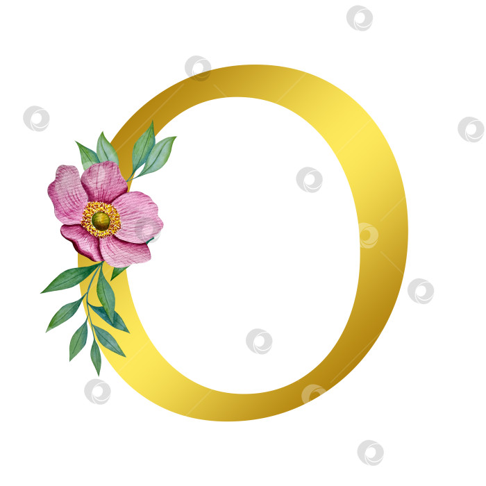 Скачать Ручная акварельная иллюстрация с цветами анемоны и листьями эвкалипта. Рамка из чешского золота и хрусталя. Элементы для поздравительной открытки на свадьбу. фотосток Ozero