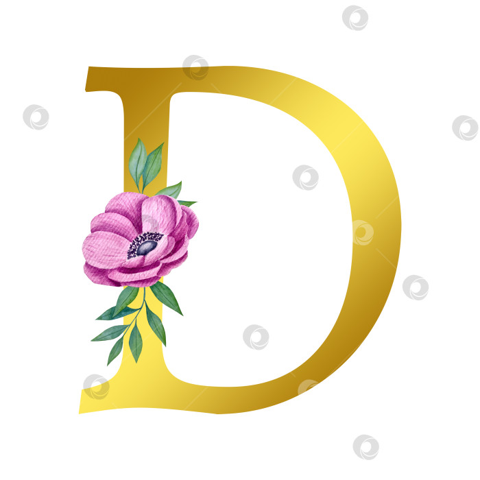 Скачать Ручная акварельная иллюстрация с цветами анемоны и листьями эвкалипта. Рамка из чешского золота и хрусталя. Элементы для поздравительной свадебной открытки. фотосток Ozero