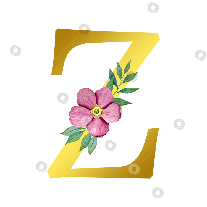 Скачать Ручная акварельная иллюстрация с цветами анемоны и листьями эвкалипта. Рамка из чешского золота и хрусталя. Элементы для поздравительной открытки на свадьбу. фотосток Ozero