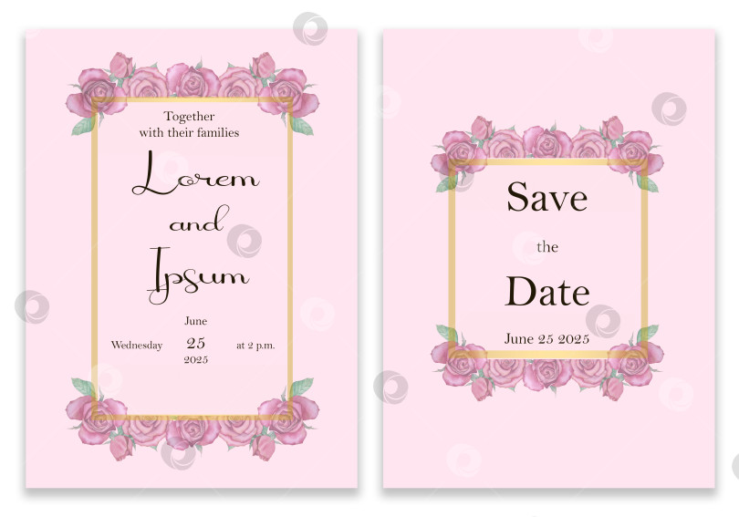 Скачать Элегантное свадебное приглашение в золотой рамке с цветочным узором. Открытки на розовом фоне, украшенные розовыми цветами и листьями. фотосток Ozero
