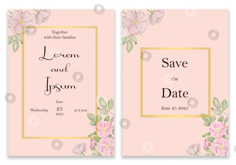 Скачать Элегантное свадебное приглашение в золотой рамке с цветочным узором. Открытки на розовом фоне, украшенные розовыми цветами и листьями. фотосток Ozero