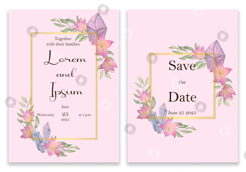 Скачать Элегантное свадебное приглашение в золотой рамке с цветочным узором. Открытки на розовом фоне, украшенные розовыми цветами и листьями. фотосток Ozero