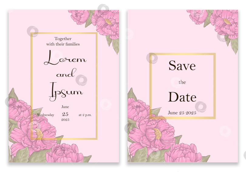 Скачать Элегантное свадебное приглашение в золотой рамке с цветочным узором. Открытки на розовом фоне, украшенные розовыми цветами и листьями. фотосток Ozero