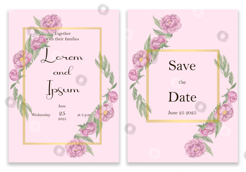 Скачать Элегантное свадебное приглашение в золотой рамке с цветочным узором. Открытки на розовом фоне, украшенные розовыми цветами и листьями. фотосток Ozero