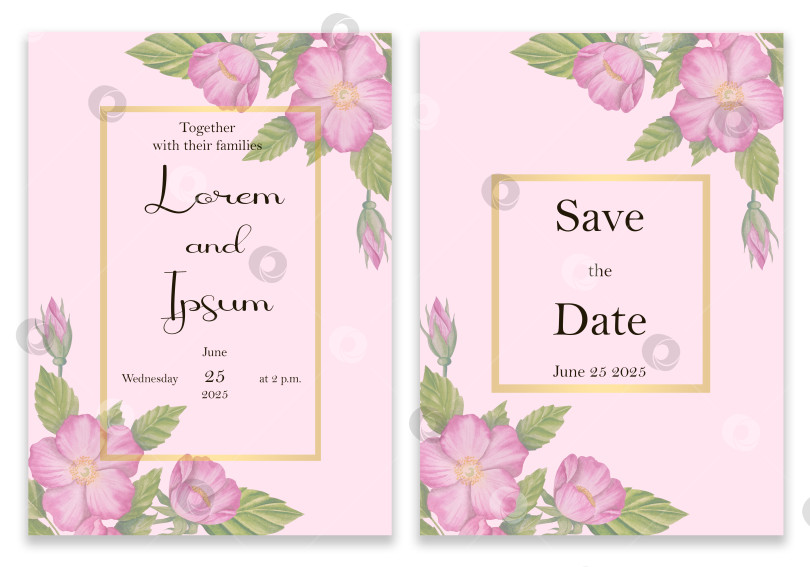 Скачать Элегантное свадебное приглашение в золотой рамке с цветочным узором. Открытки на розовом фоне, украшенные розовыми цветами и листьями. фотосток Ozero