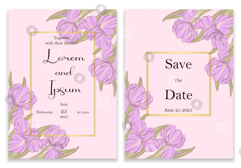 Скачать Элегантное свадебное приглашение в золотой рамке с цветочным узором. Открытки на розовом фоне, украшенные розовыми цветами и листьями. фотосток Ozero