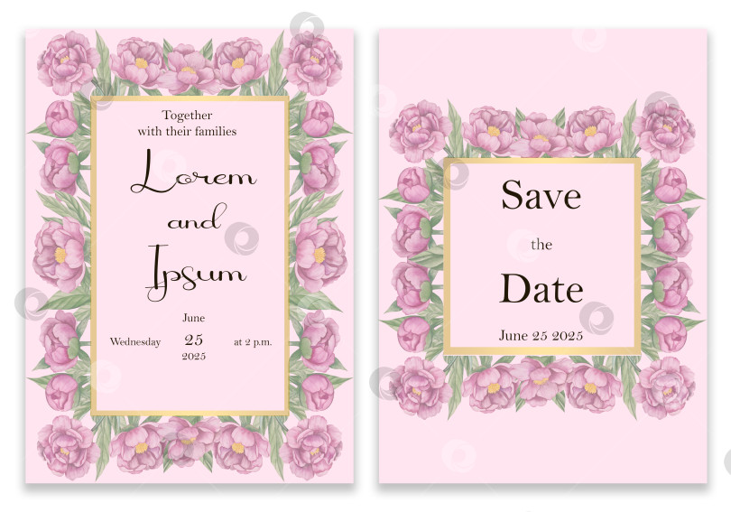 Скачать Элегантное свадебное приглашение в золотой рамке с цветочным узором. Открытки на розовом фоне, украшенные розовыми цветами и листьями. фотосток Ozero