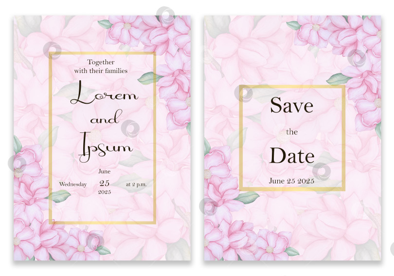 Скачать Элегантное свадебное приглашение в золотой рамке с цветочным узором. Открытки на розовом фоне, украшенные розовыми цветами и листьями. фотосток Ozero