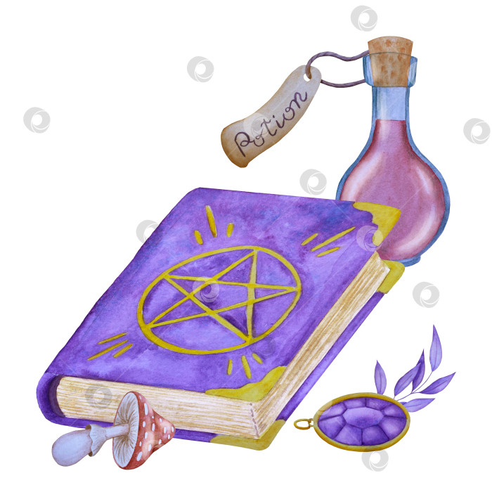 Скачать Набор акварельных иллюстраций с мифическими эзотерическими элементами и духовными колдовскими предметами. Книга заклинаний, небесные кристаллы, зелья, свечи, грибы, карты Таро. Идеально подходит для фэнтезийного дизайна и колдовских визуальных эффектов фотосток Ozero