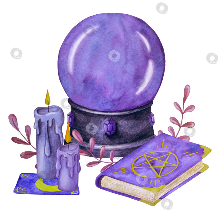 Скачать Набор акварельных иллюстраций с мифическими эзотерическими элементами и духовными колдовскими предметами. Книга заклинаний, небесные кристаллы, зелья, свечи, грибы, карты Таро. Идеально подходит для фэнтезийного дизайна и колдовских визуальных эффектов фотосток Ozero