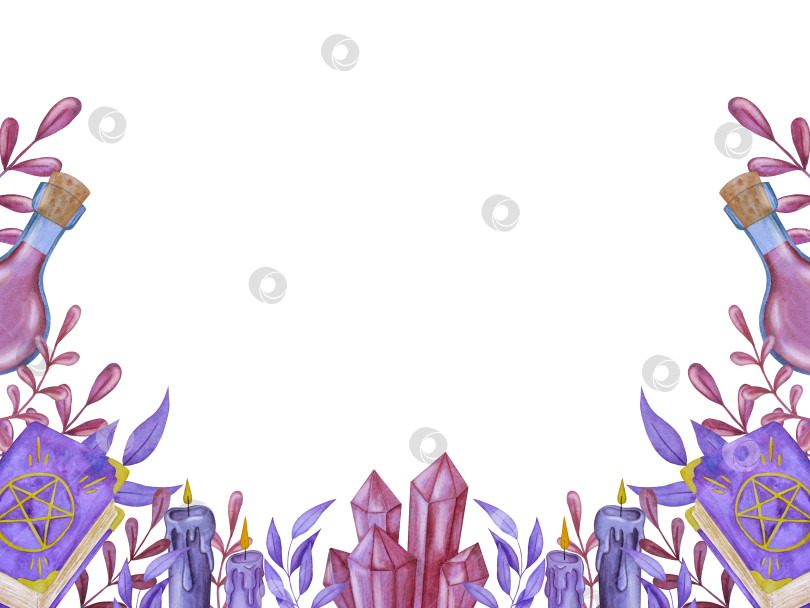 Скачать Набор акварельных иллюстраций с мифическими эзотерическими элементами и духовными колдовскими предметами. Книга заклинаний, небесные кристаллы, зелья, свечи, грибы, карты Таро. Идеально подходит для фэнтезийного дизайна и колдовских визуальных эффектов фотосток Ozero