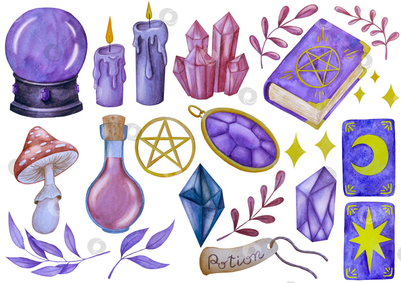 Скачать Набор акварельных иллюстраций с мифическими эзотерическими элементами и духовными колдовскими предметами. Книга заклинаний, небесные кристаллы, зелья, свечи, грибы, карты Таро. Идеально подходит для фэнтезийного дизайна и колдовских визуальных эффектов фотосток Ozero