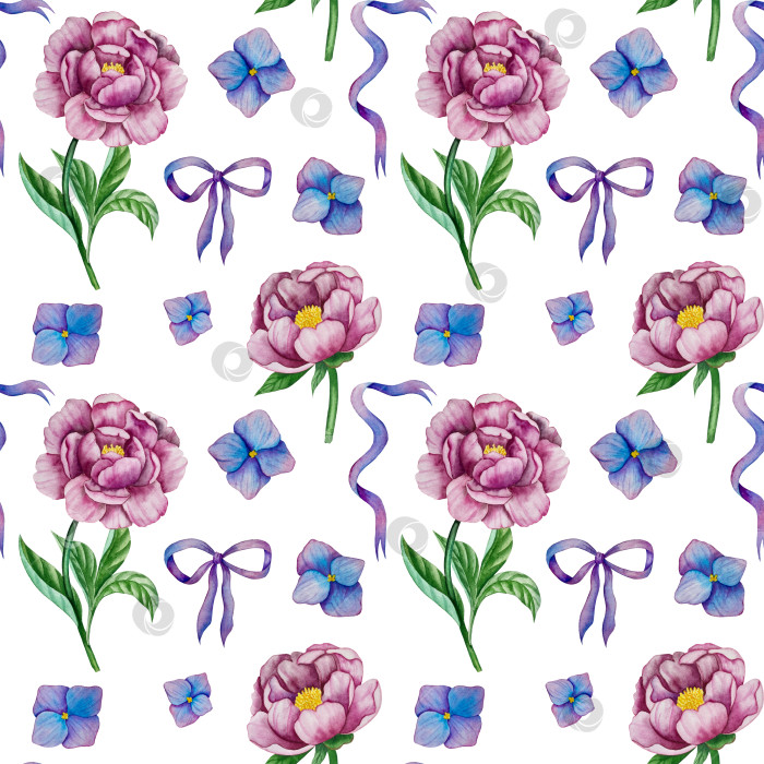 Скачать Розовые садовые цветы на белом фоне, акварельная иллюстрация. Розовый цветочный букет, бордовые пионы в обрамлении. сиреневая гортензия, рамка, венок. Летний дизайн. Приглашение на свадьбу фотосток Ozero