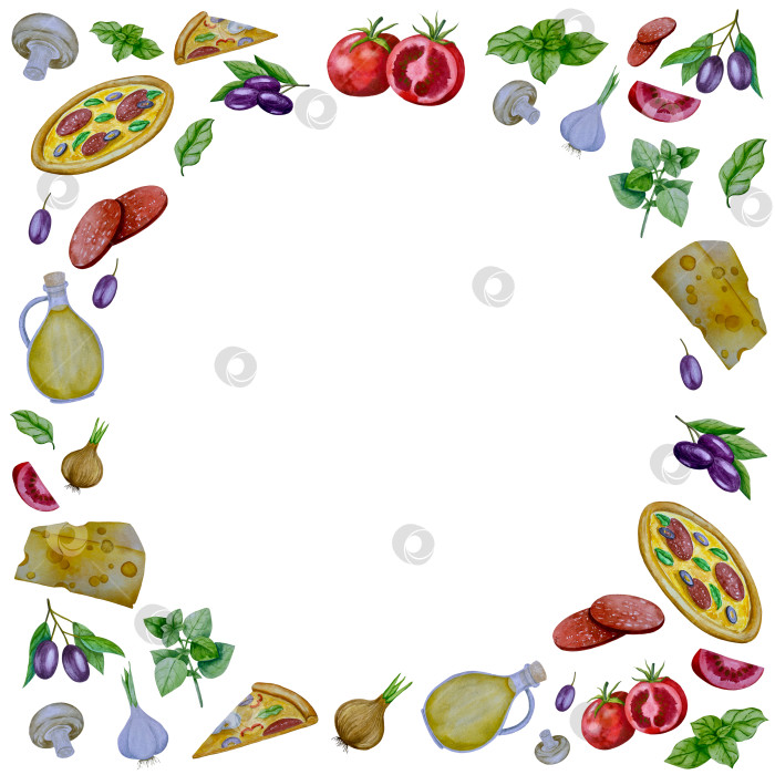 Скачать Акварельная иллюстрация пиццы и набора иллюстраций ингредиентов. Нарисованная от руки итальянская еда быстрого приготовления на белом фоне. фотосток Ozero