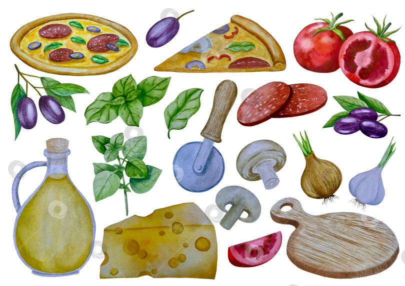 Скачать Акварельная иллюстрация пиццы и набора иллюстраций ингредиентов. Нарисованная от руки итальянская еда быстрого приготовления на белом фоне. фотосток Ozero