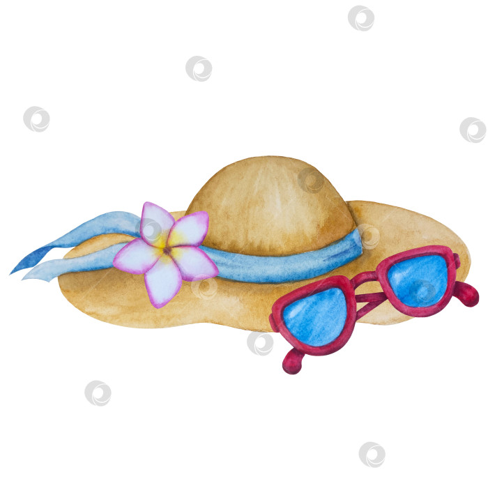 Скачать Летний пляжный набор, нарисованный акварелью от руки, с элементами прибрежного курорта, такими как пальма, пляжный зонт, коктейли, ракушки, солнцезащитные очки, шляпа и цветы. Элементы для дизайна открыток, упаковки, веб-сайта. фотосток Ozero