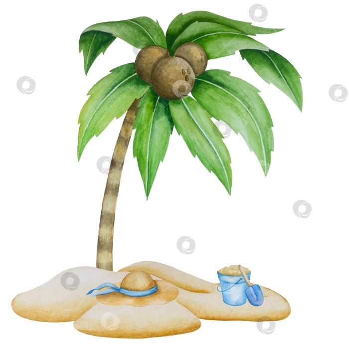 Скачать Летний пляжный набор, нарисованный акварелью от руки, с элементами прибрежного курорта, такими как пальма, пляжный зонт, коктейли, ракушки, солнцезащитные очки, шляпа и цветы. Элементы для дизайна открыток, упаковки, веб-сайта. фотосток Ozero