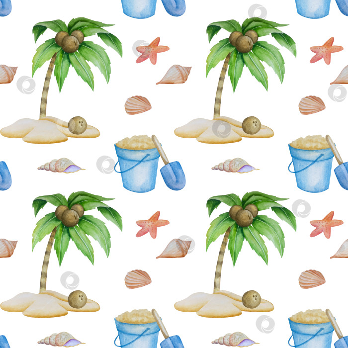 Скачать Летний пляжный набор, нарисованный акварелью от руки, с элементами прибрежного курорта, такими как пальма, пляжный зонт, коктейли, ракушки, солнцезащитные очки, шляпа и цветы. Элементы для дизайна открыток, упаковки, веб-сайта. фотосток Ozero